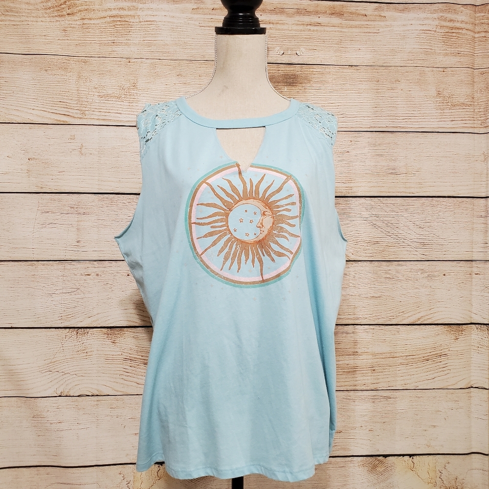 NWOT Social Scene Lace Shoulder Sun Moon Blue Vneck Tank 2X